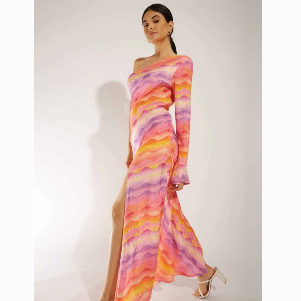 Rahi Sienna Dress in Sunset Waves One Shoulder Maxi Groovy